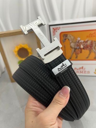 1:1  Hermes Black Leather Belt  with Silver 'H' buckle Steel  Buckle 3.5cm